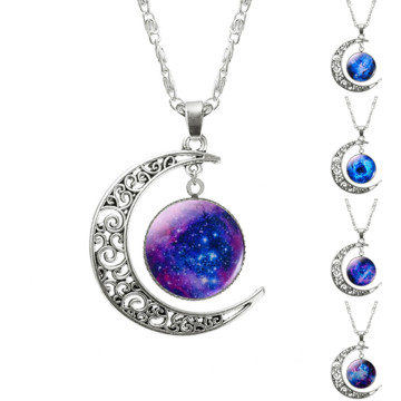 2016 New Hot Fashion Jewelry Choker Necklace Glass Galaxy Lovely Pendant Silver Chain Moon Necklace Free shipping32272814545