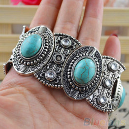 Classic Women's Retro Vintage Natural Turquoise Silver Tibet Bracelet