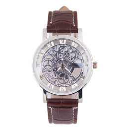  Classic Dial Skeleton Men's Leather Band Quartz Wrist Watch 