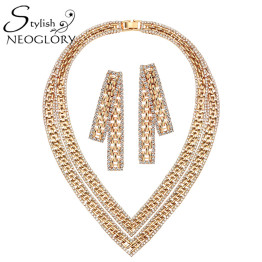Rose Gold Plated Rhinestone Jewelry Set Multi-Layer Necklace And Earrings 