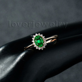 New!Classical AU750 Rose Gold Emerald Ring,Engagement Diamond Emerald Ring 18Kt Rose Gold WU0128