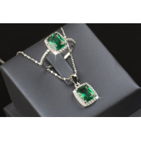  925 Sterling silver Jewelry set Natural Emerald  Engagement Ring and Pendant 