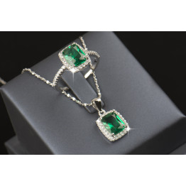  925 Sterling silver Jewelry set Natural Emerald  Engagement Ring and Pendant 