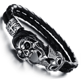 Stainless Steel Skull Black Genuine Leather Bracelet