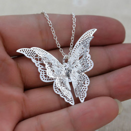 Women Hollow Out Butterfly Pendant Necklace Elegant Silver Plated Long Chain Necklaces Collier Sautoir Fashion Jewelry Gift