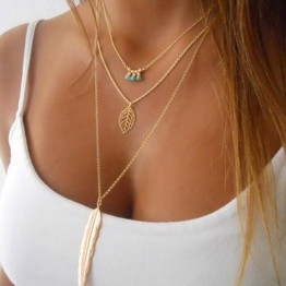 new Multilayer Hammer Chain leaf Lariat Bar Necklace Long Strip Pendant Necklace Collar collier femme Women jewelry